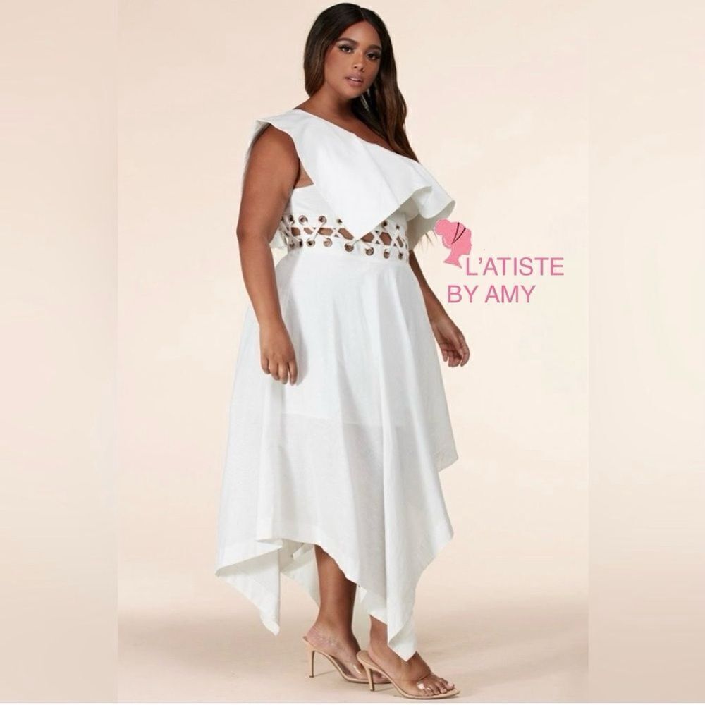 New L'atise by Amy White Cotton One Shoulder Dress XL